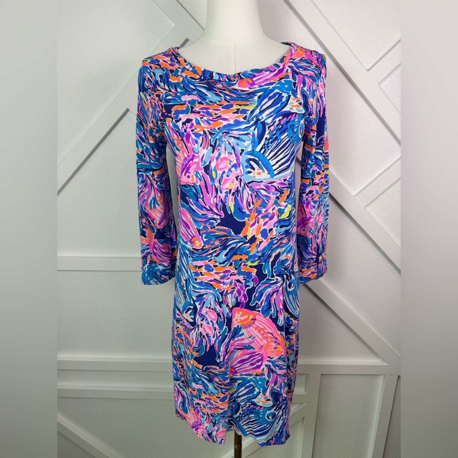 Lilly Pulitzer Linden 3/4 Sleeve Dress Pima Cotton In The Sea Fish Print Small